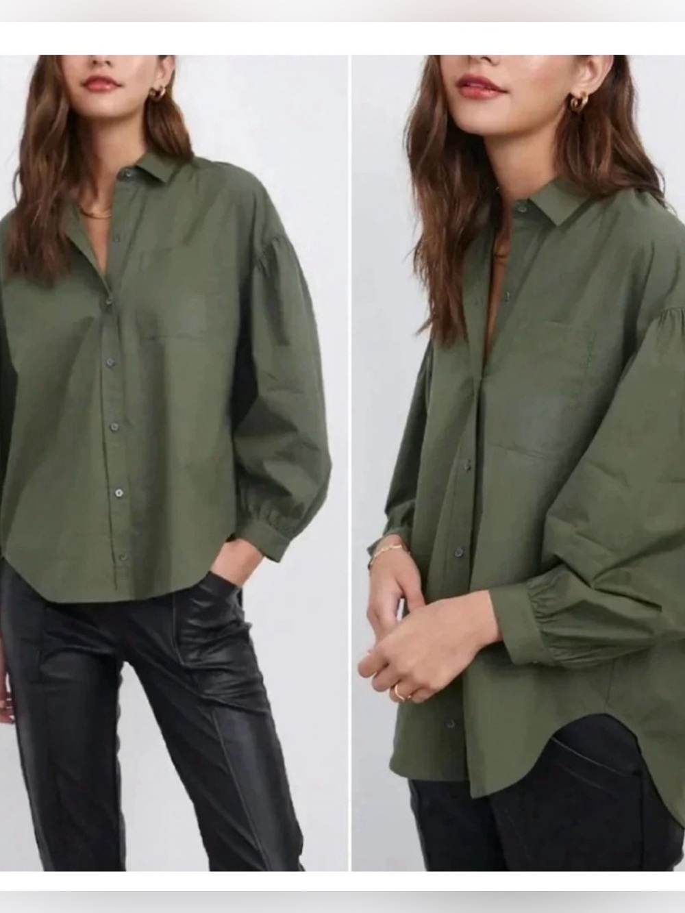 Rails Janae Button Down Chic Puff Sleeve Oversized Blouse Too Olive Green Size S